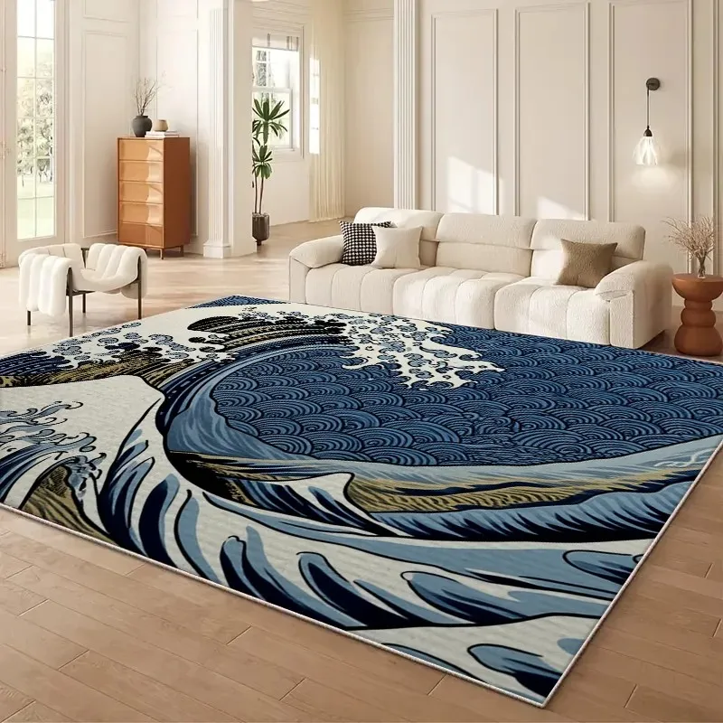 Non-slip Japanese Cherry Blossom Wave Rug, Washable for Living Room Sofa Home Decor
