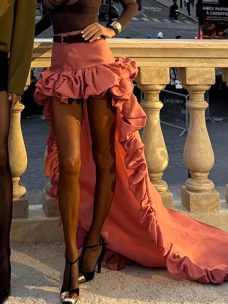 

High Waist Ruffle Layered Asymmetric Long Train Skirt for Women – Sexy Party Performance Maxi Skirt Prom Dance Costume Bottoms