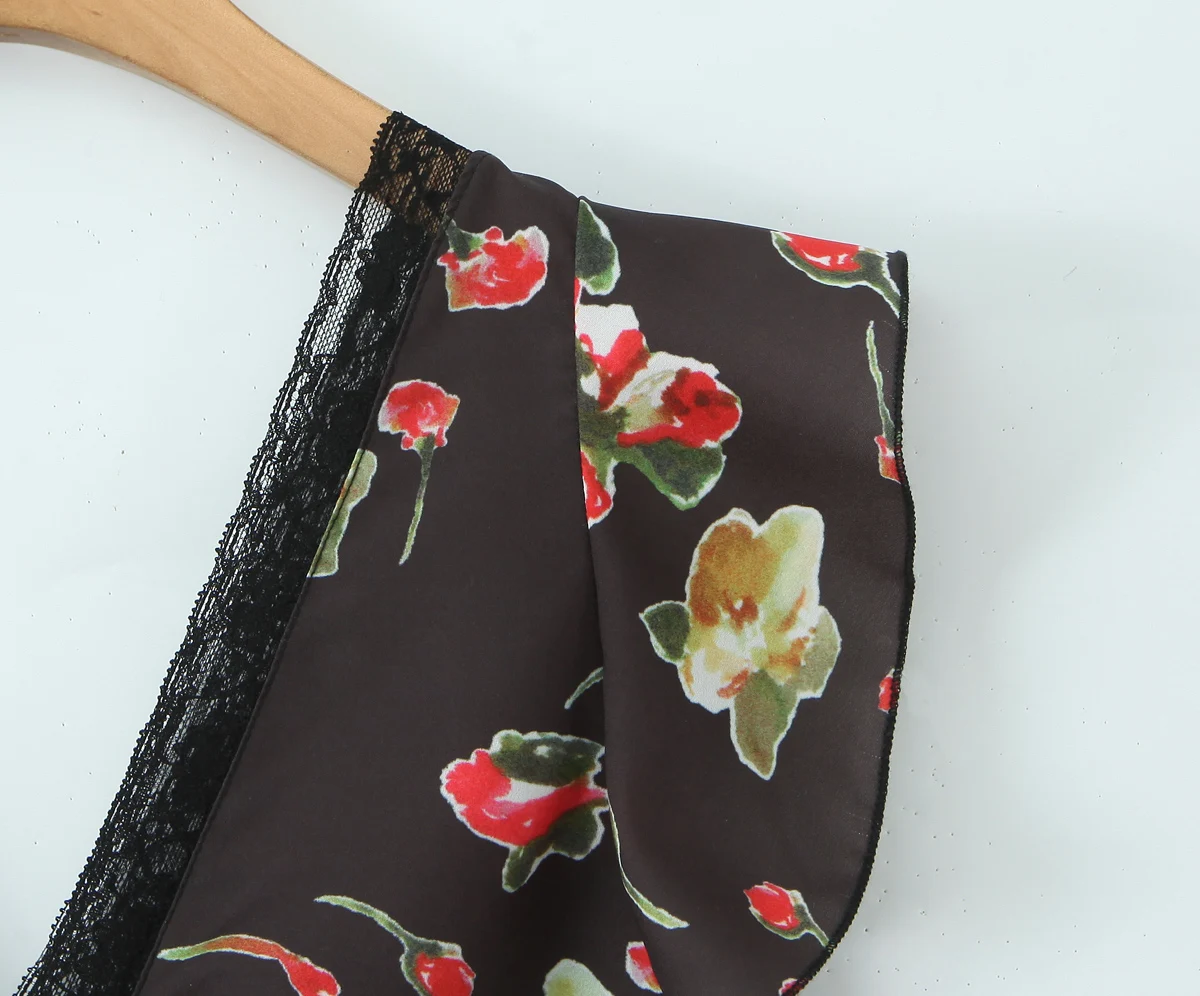 Novo verão preto com vermelho floral impressão emendado rendas babados vestido de manga curta feminino decote em v midi vestidos femme robe