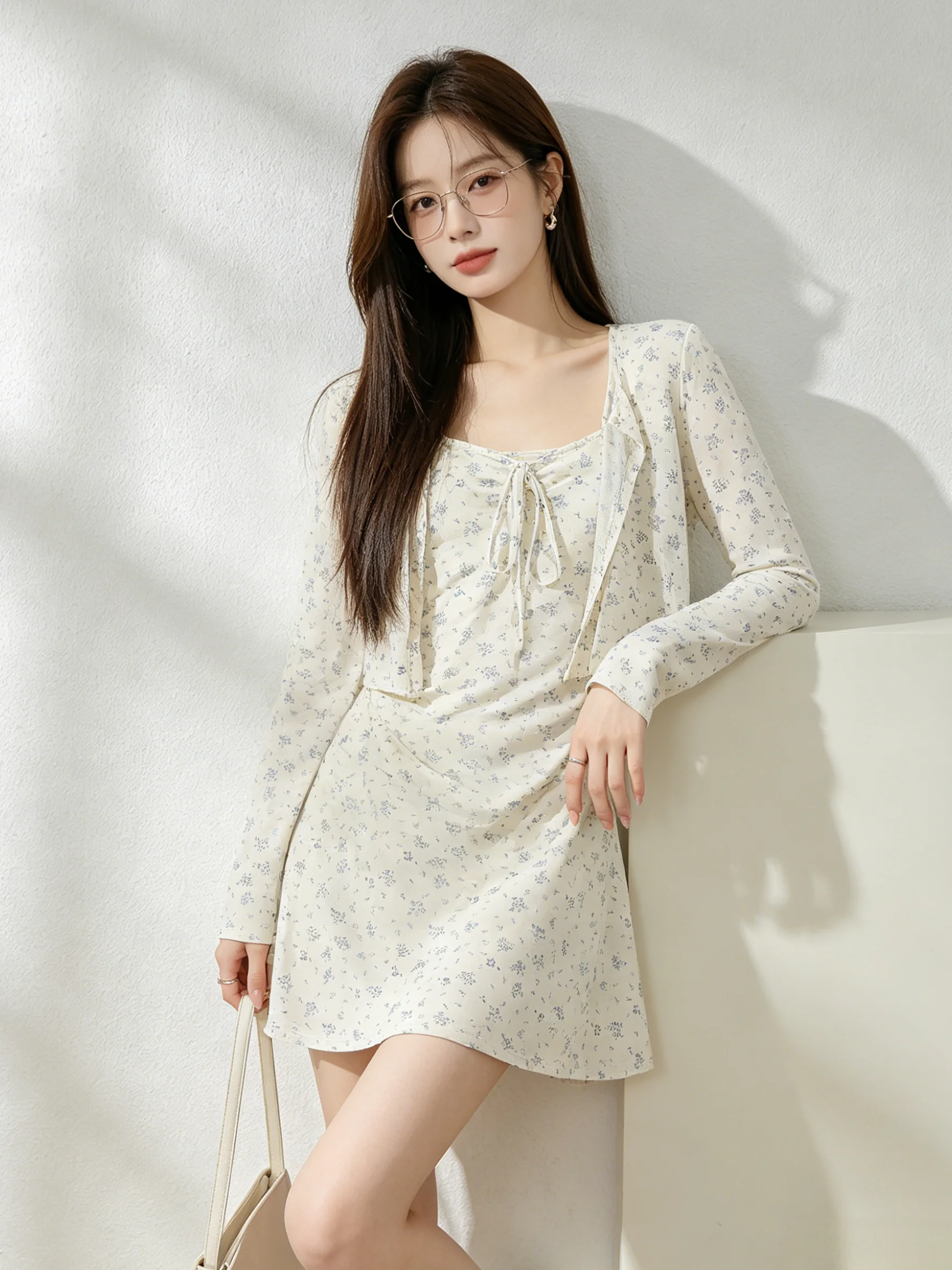 

Summer Floral Print Two-Piece Set Long Sleeve Open Cardigan Waist-Cinching Halter Dress Gentle Soft Korean Style Holiday Vibes