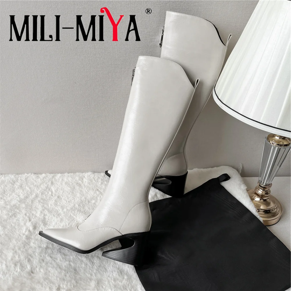 MILI-MIYA Women Knee High Boots Genuine Leather Pointed Toe Special-Shaped High Heel Front Zipper Event Versatile Modern Shoes