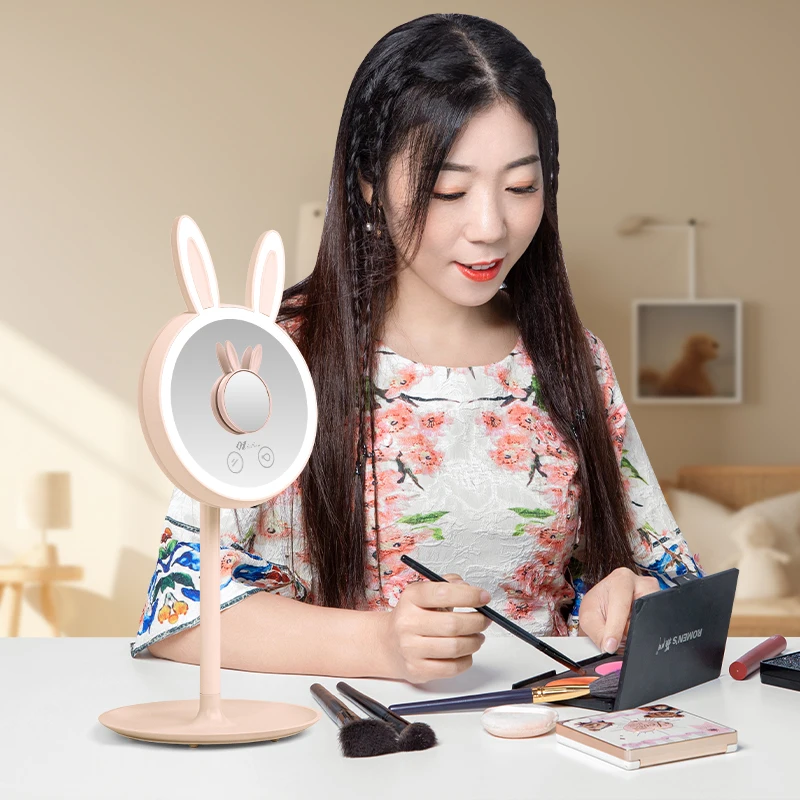 Missmeeca 10X smart vanity Mirror Cute Rabbit Makeup Mirror with lights lamp chargeable 1500mAh custom mirror with logo