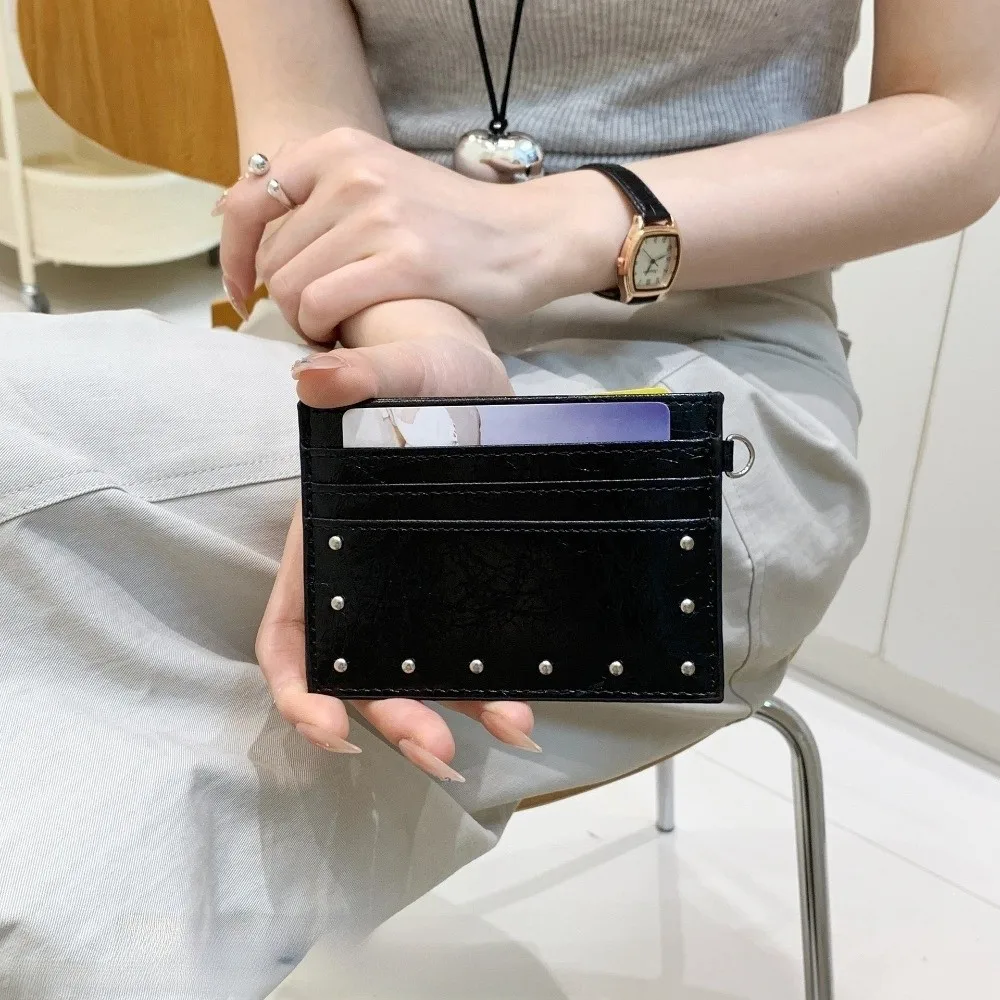 Elegant Ultra Thin Cracked Leather Card Wallet Mini Size Multiple Slots Rivet Card Holder PU Solid Color Coin Purse Travel