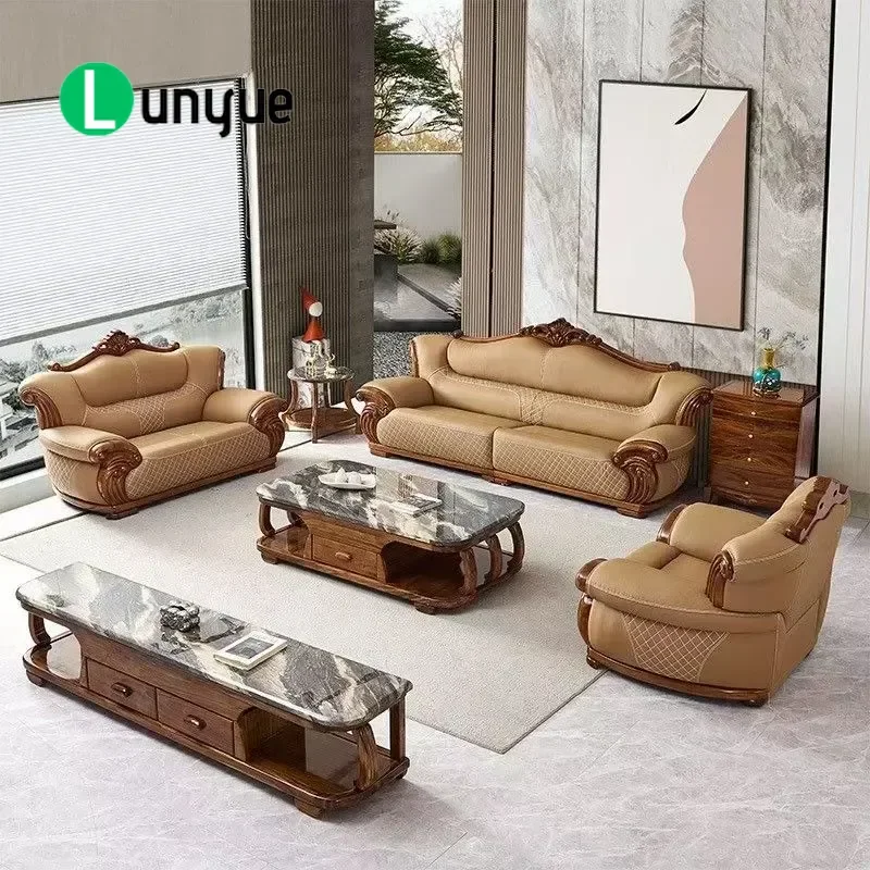 European Style First Layer Cowhide Sofa Large Modern Chinese Ebony Leather Combination Villa Furniture Comfortable Durable