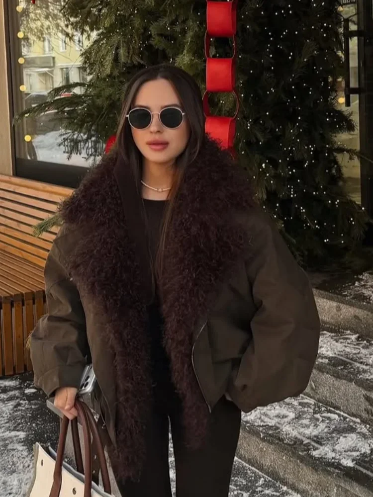 Diagonal Zip Oversized Cargo Jacket for Women Detachable Fluffy Furry Big Collar Long Sleeve Warm Winter Stylish Street Outfit