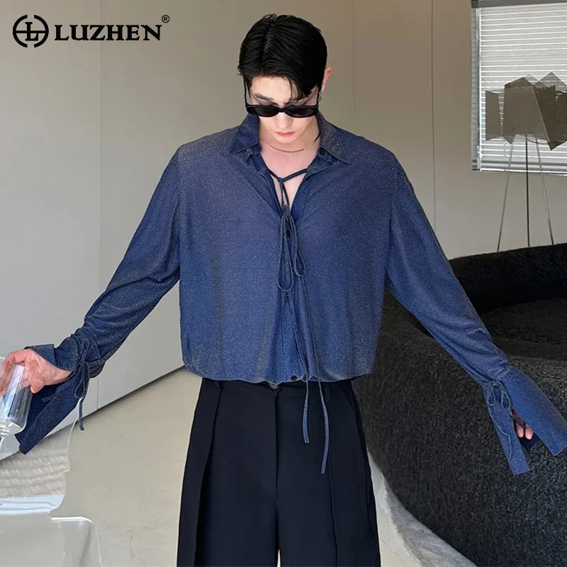 

LUZHEN Ribbon Decorate Trendy Handsome Shirts Long Sleeve Autumn New Korean Clothing Loose Thin Fashion Men Blouses 2024 LZ6646