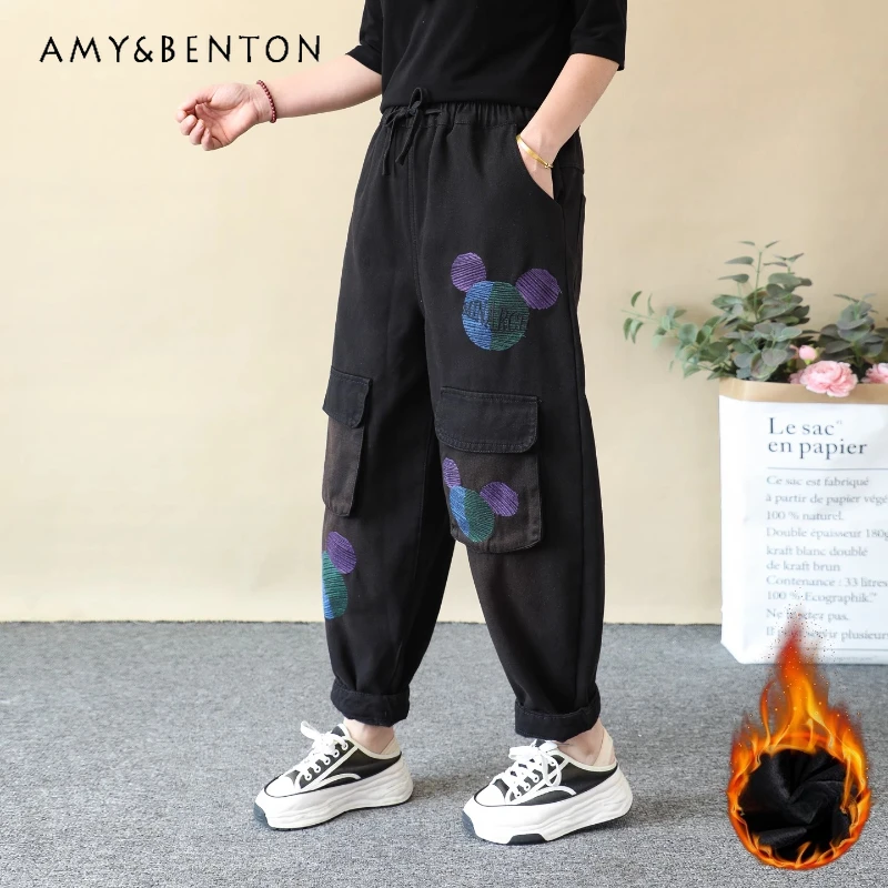 

Autumn Fleece-Lined Thickened Colorful Cartoon Head Embroidered Jeans Loose Oversized Cropped Harem Denim Pants Large Pockets