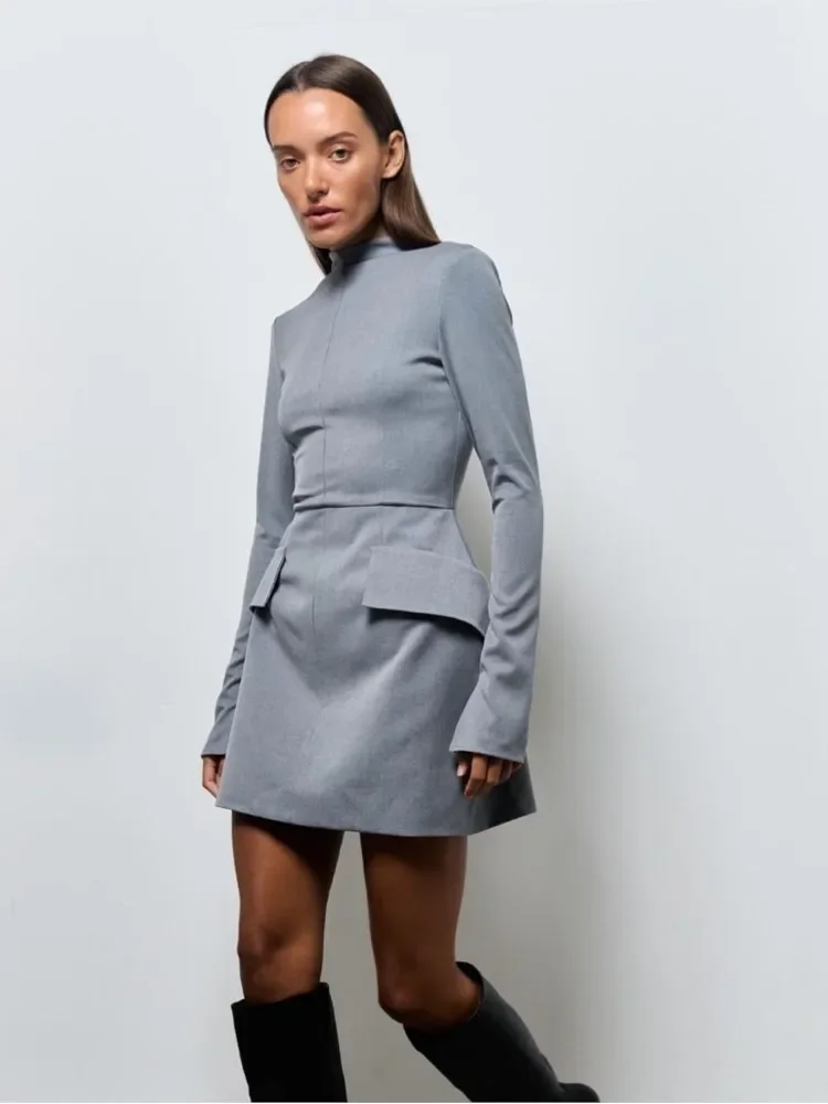 Chic Red Women Pockets Mini Dress Elegant Turtleneck Long Sleeve Slim Commuting Dresses 2024 Lady Solid Bodycon