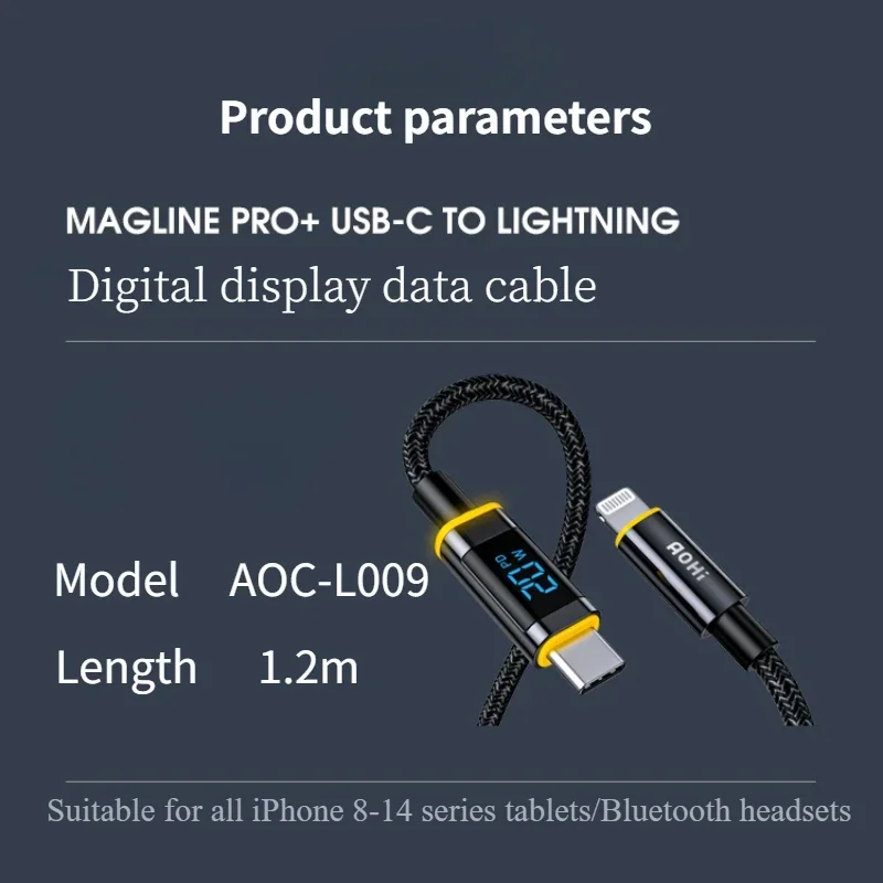 Aohi Mobile Phone Fast Charging Cable Digital Display TypeC Lightning Nylon Braid MFi Certification IPhone 14 IPhone 13 Promax