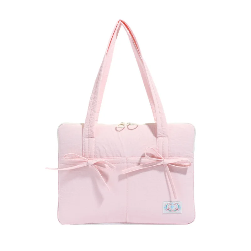 Borsa portaoggetti per laptop da 14 pollici con fiocco fresco in nylon impermeabile, borsa a tracolla singola da donna ultraleggera e resistente agli urti