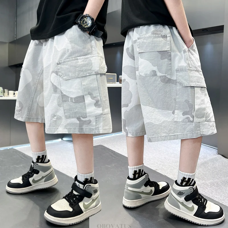 New Summer Kids Casual White Camouflage Shorts Big Boys High Waist Streetwear Short Pants Bottoms Tweens Child Camo Cargo Shorts