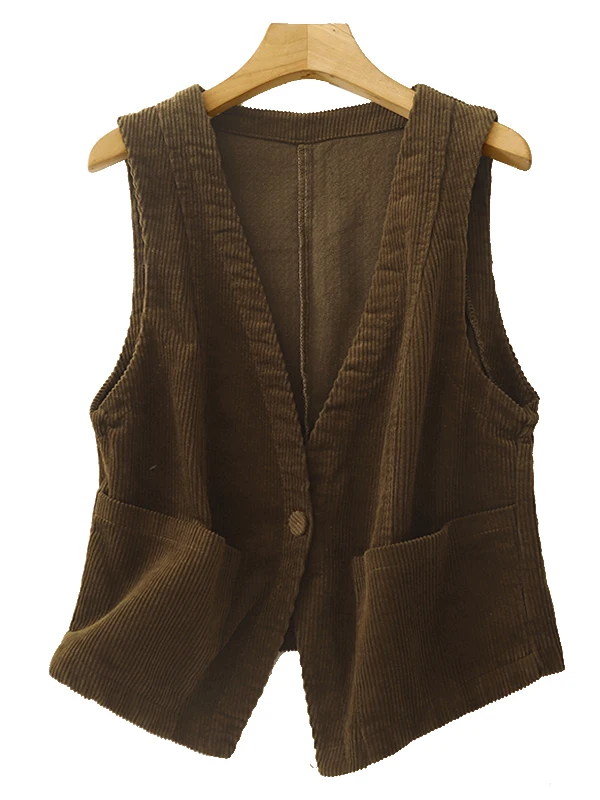 

Faionable Autumn Vest Women's Svel Corduroy Top Mom's Light Jaet V-Ne Cotton Filled Regular Thin Pure Color