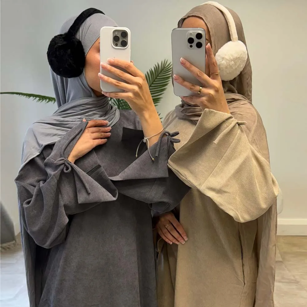 Corduroy Closed Abaya with Pockets Dubai Modest Robe Slits Sleeves with Bows Islamic Woman Clothing Muslim Women Turkey Dress