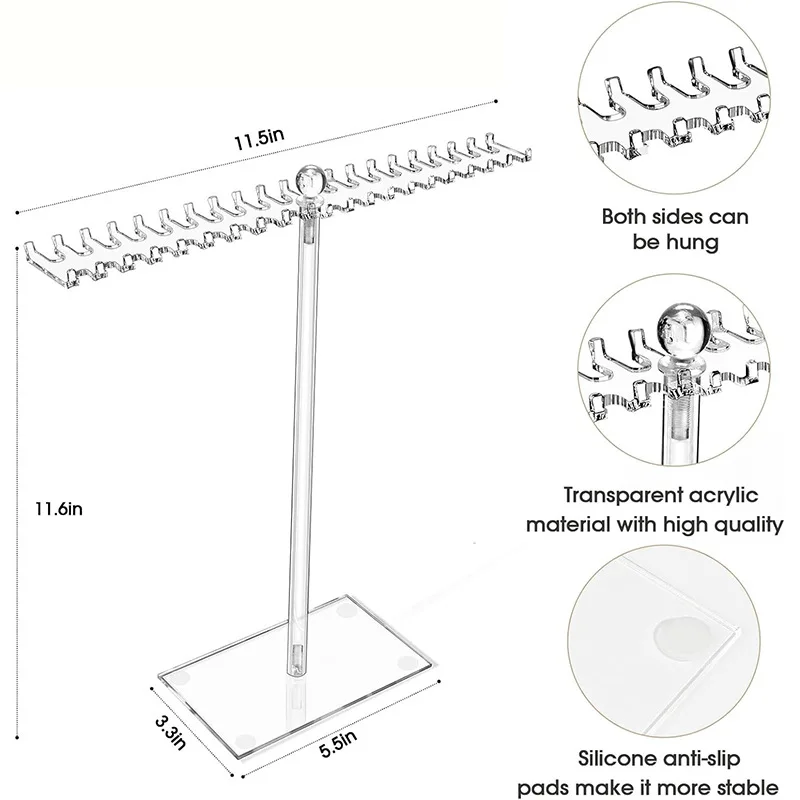 

Acrylic Jewelry Holder Necklace Organizer Stand Anti Slip Base Necklace Hanging Hooks Jewelry Display Stand for Vanity Tabletop