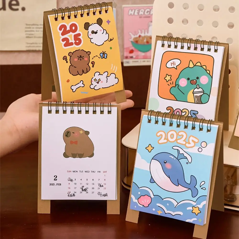 4Pcs/set Page Flipping Design Mini Calendar Cute Cartoon 2025 Calendar Thickened Desktop Calendar Ornament Office Supplies