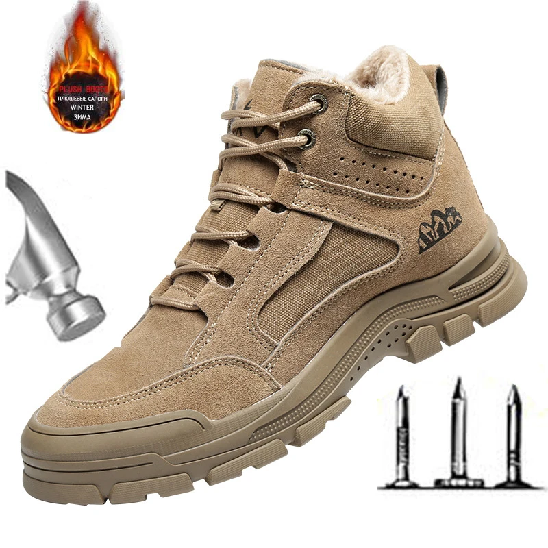 Zapatos cálidos de terciopelo de algodón para hombre, botas de combate antigolpes, antiperforación, protección laboral, invierno, M369