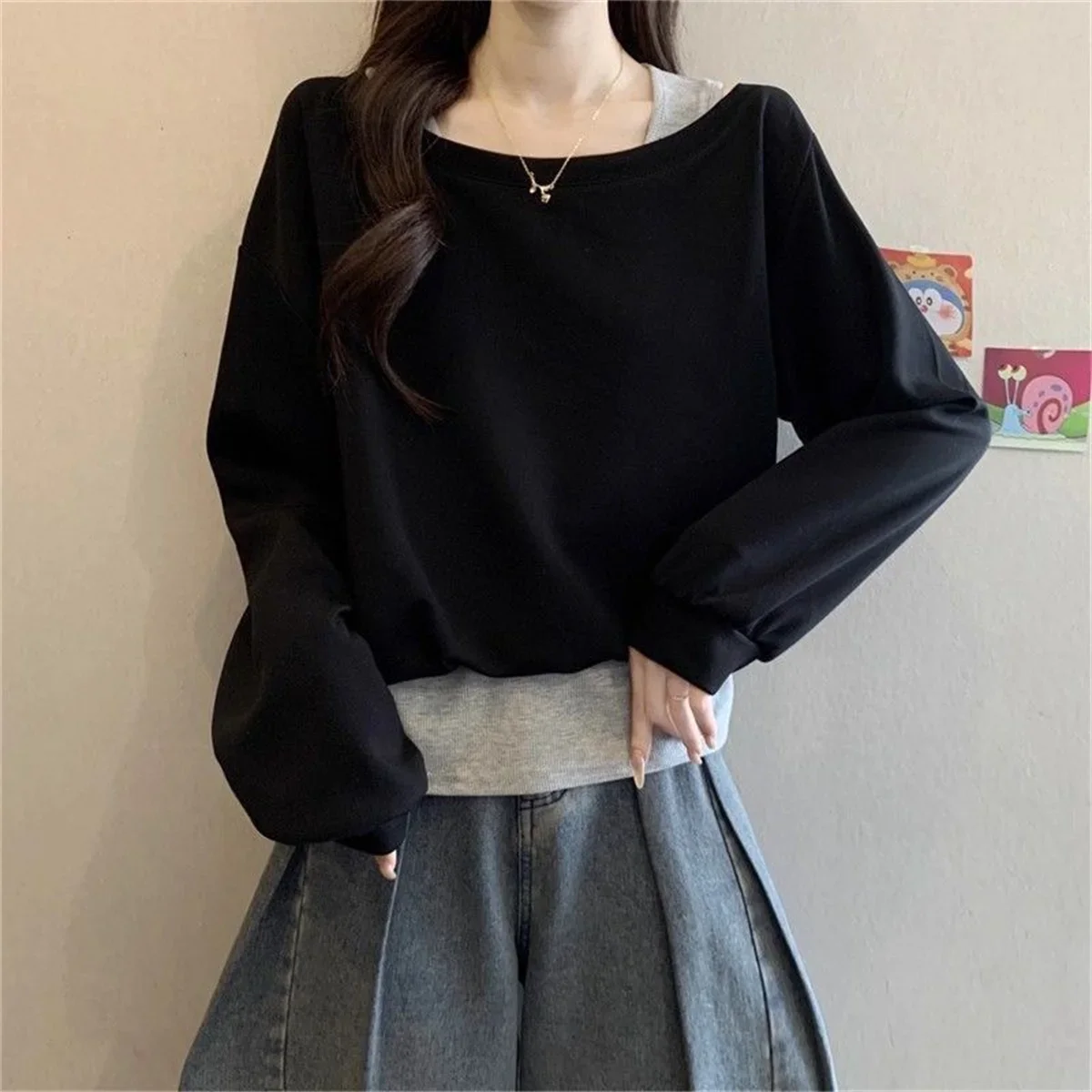 Neuer koreanischer Stil, langärmeliges, schulterfreies Charme-Sweatshirt für Damen, Übergröße, einzigartiges Design, vielseitiges Herbstmode-Oberteil – Detail 10