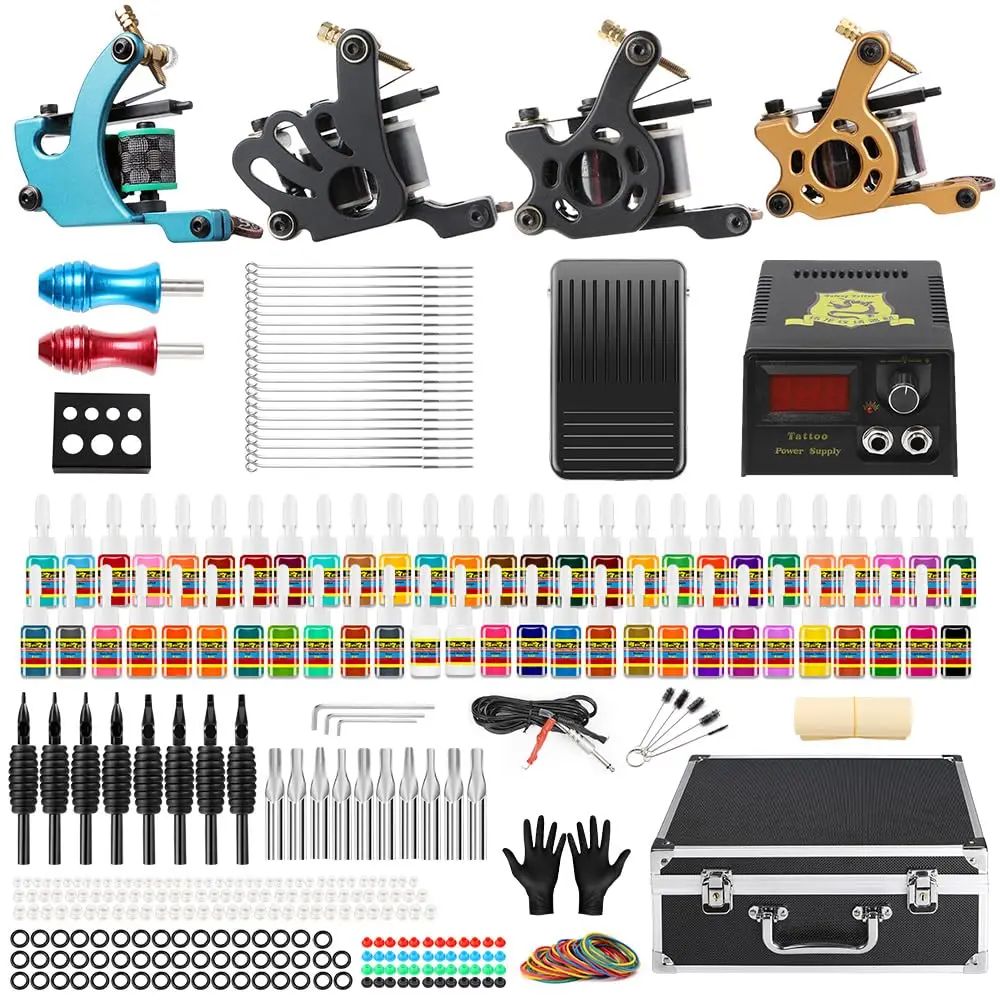 

Complete Tattoo Kit with 4 Machines, 54 Inks, Power Supply, Foot Pedal, Needles, Grips, Tips & Carry Case - Random Machine Color