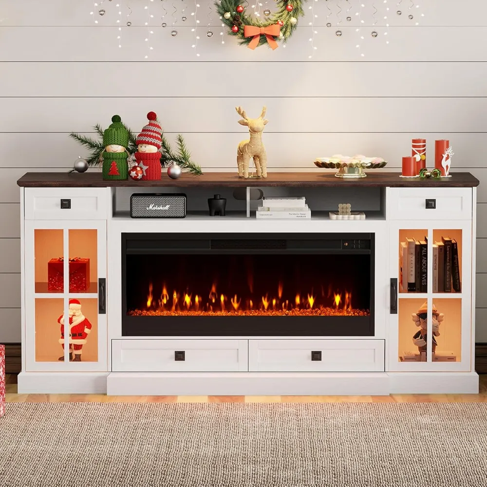 Farmhouse Fireplace TV Cabinet, Suitable for Up To 80 Inches, with Illuminated Glass Door Cabinet/drawers/adjustable Shelves