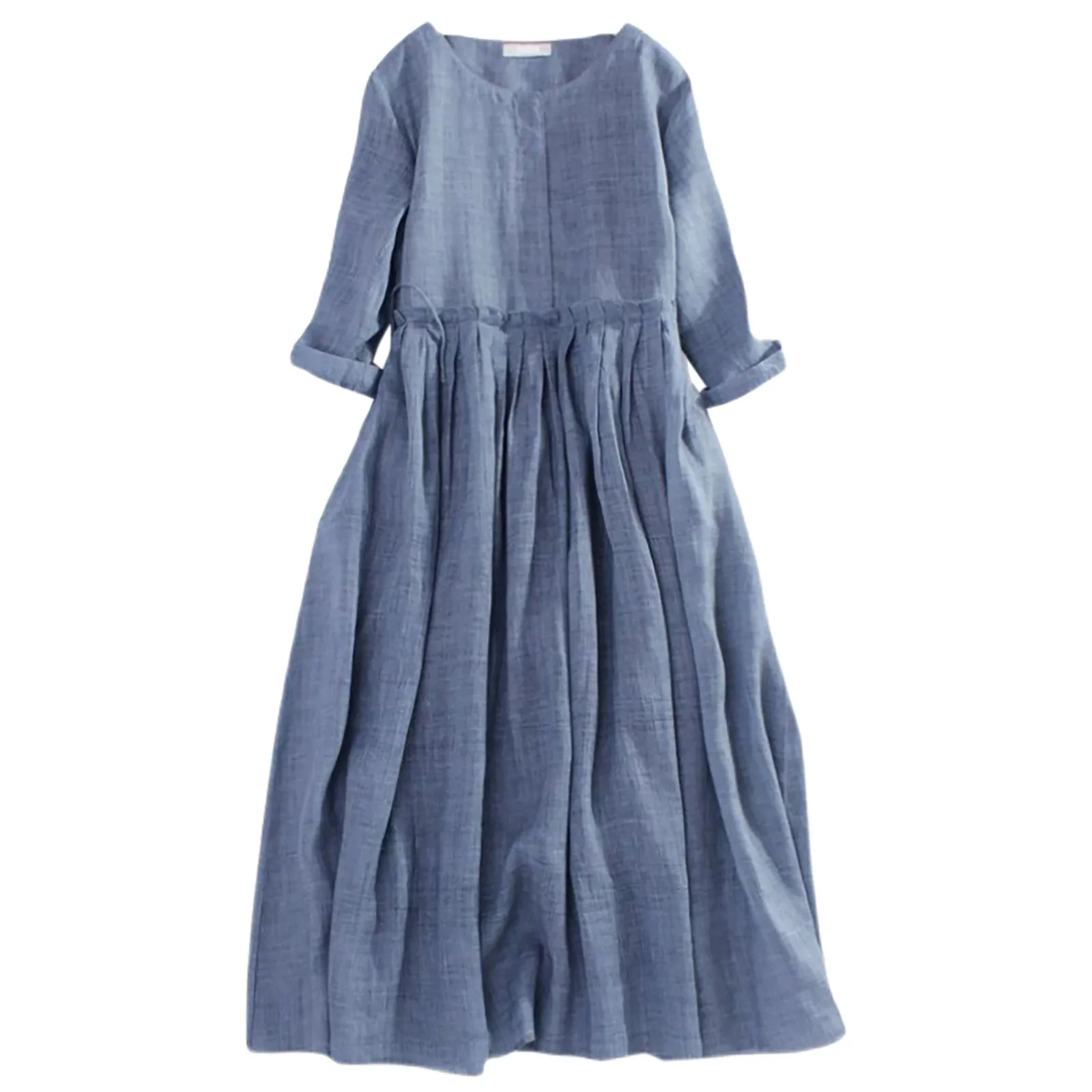 Women's Cotton Linen Maxi Dress 3/4 Sleeve Crewneck Pleated Waist Long Dress Plus Size Casual Flowy Beach Summer Dresses Woman