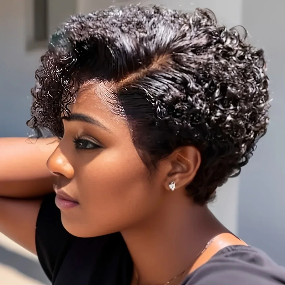 Pixie Coupe Perruque Cheveux humains 13x4 Perruques frontales dentelle Perruques Bob bouclées femmes Cheveux naturels brésiliens