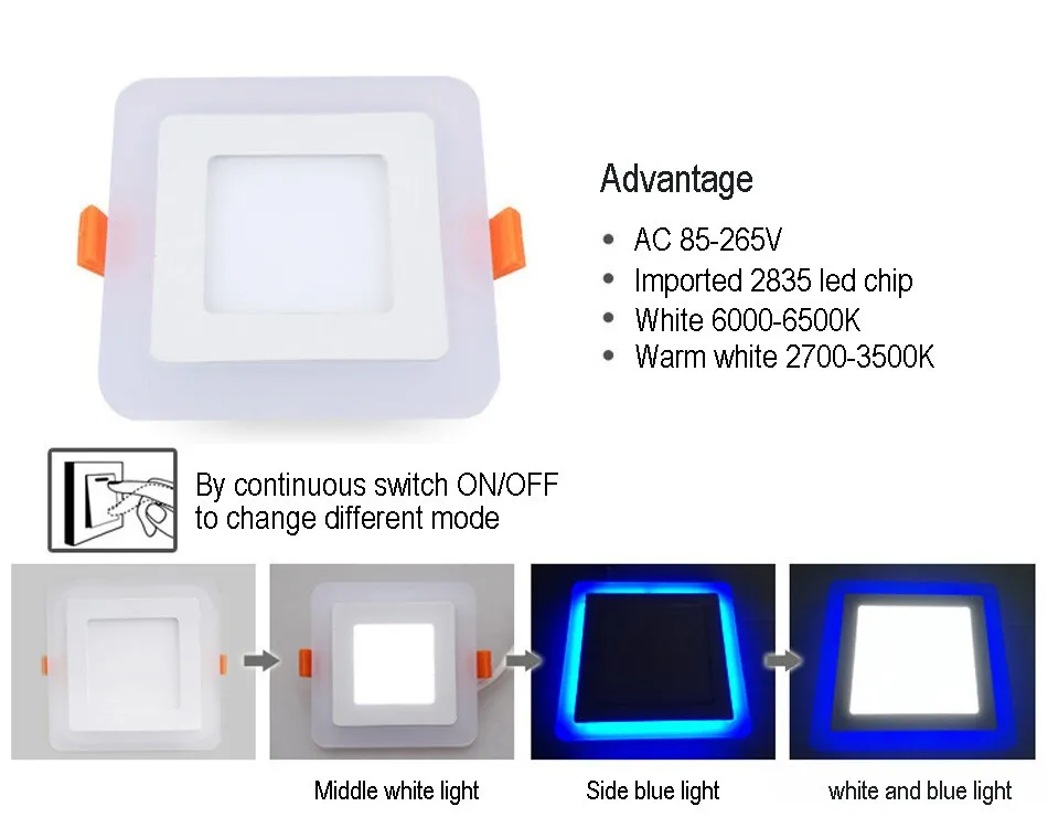 6W 9W 16W 24W led Ceiling Recessed panel Light Painel lamp home decoration round square Led Panel Downlight Blue+White 2 colors