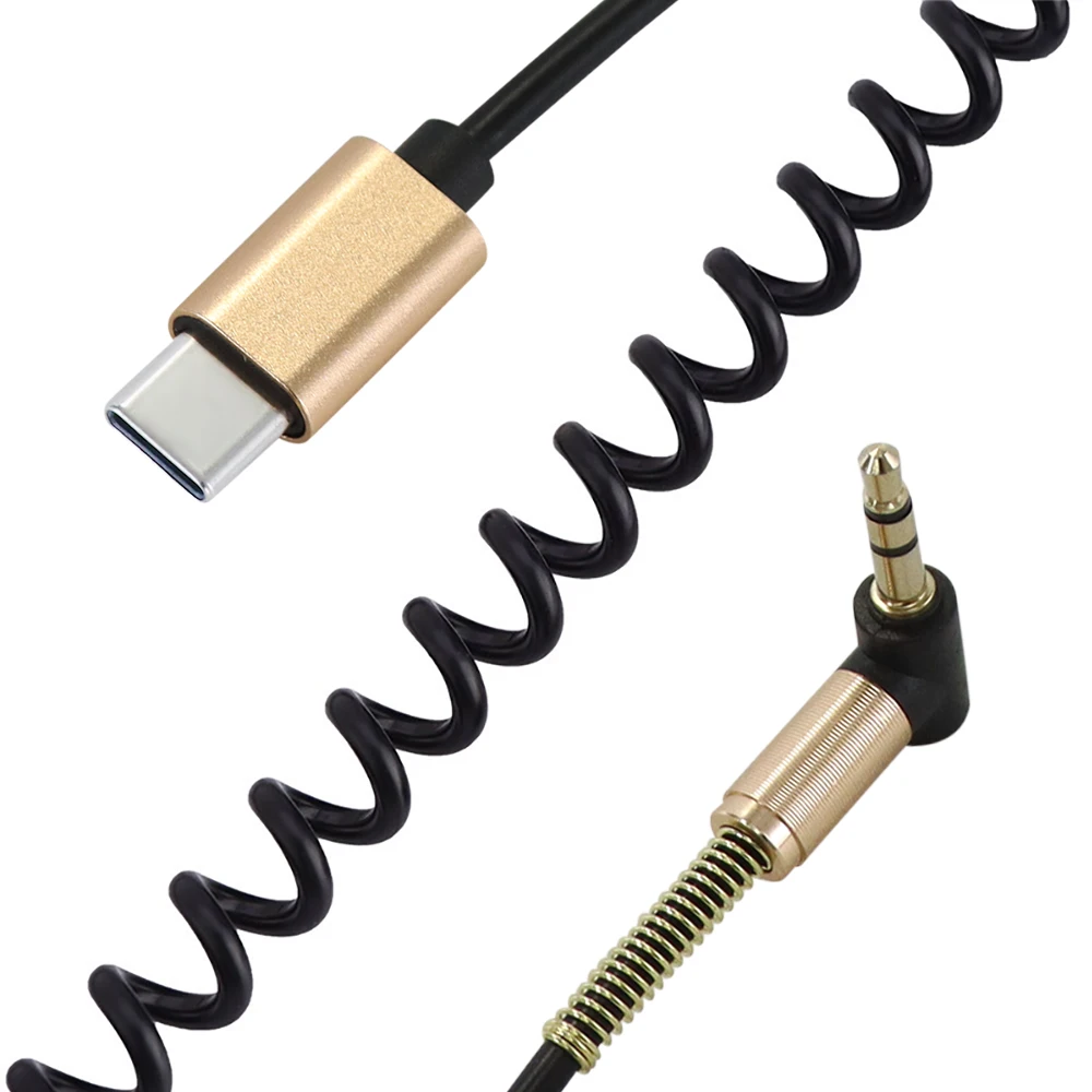 USB C to 3.5mm Elbow Spring Retractable Audio Cable Type-C to 3.5mm Male to Male Aux Speaker Cable Retractable Cars Stereo Cable
