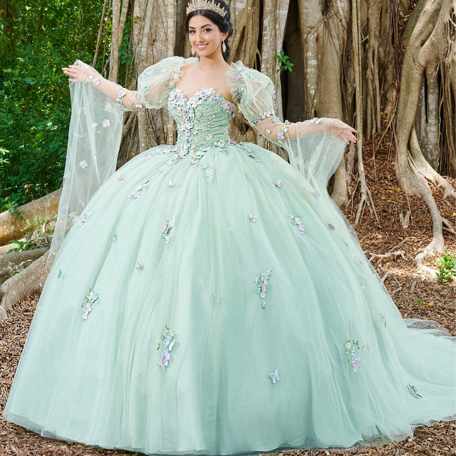 Young Infinity Mint Quinceanera Dress 2024 Off The Shoulder Glitter Tulle Appliques Ball Gown Shawl Vestidos De 15 Años 2024