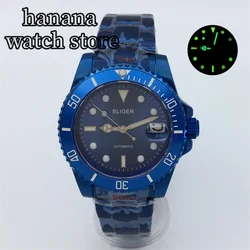 BLIGER 40mm Blue Mechanical Automatic Waterproofing Watch For Men Blue Sun Print Luminous Sapphire Glass NH35 PT5000 Movement