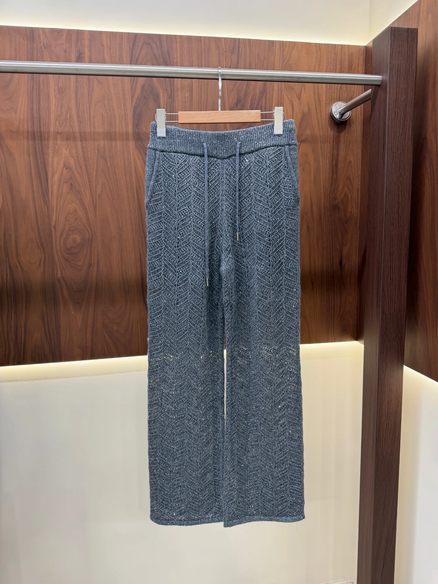 Women Chevron Hollow Knit Two-Piece Cardigan & Wide Leg Trousers Set view 5