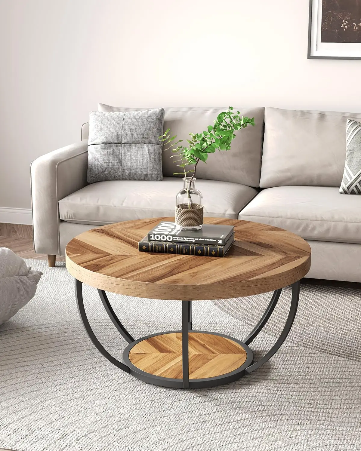 Round Coffee Table, 32" Circle Coffee Table for Living Room, 2-Tier Wood Accent Center Table with Open Storage Industrial Design
