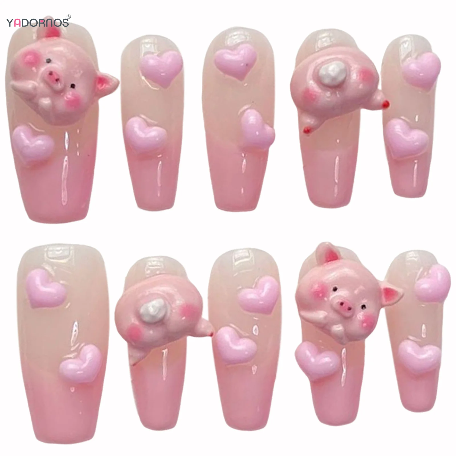 เล็บปลอมสีชมพูทำด้วยมือพร้อม3D การ์ตูนหมูรักการออกแบบรูปหัวใจกดบนเล็บยาวนางระบำสไตล์ฝรั่งเศสปลายเล็บปลอม