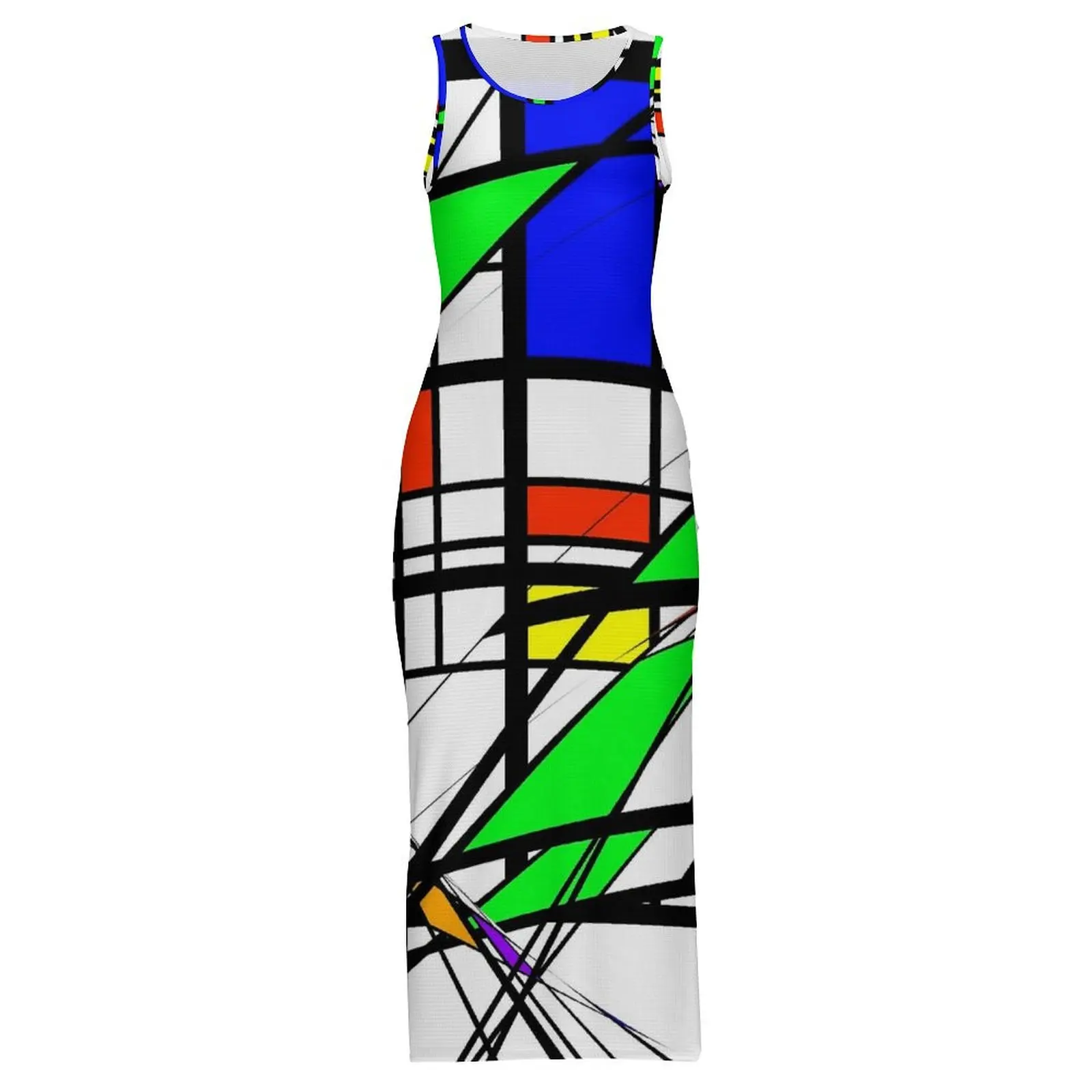 De Stijl Print Bodycon Dress Summer Colorful Geometric Trendy Maxi Dresses Ladies Sleeveless Custom Street Style Dress Big Size