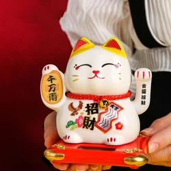 4.2 Inch Ceramic Beckoning Cat Waving Hand Maneki Neko Ornament Fortune Cat Figure Solar Powered or Battery