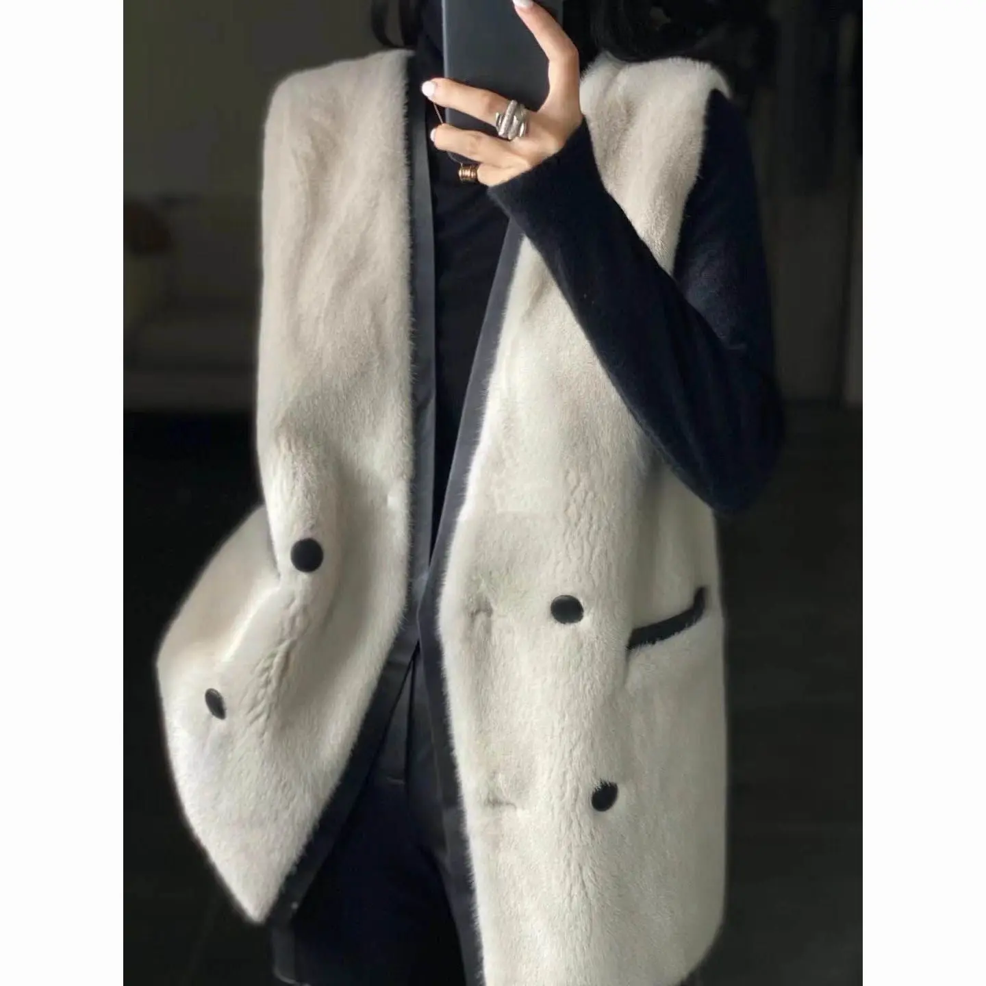 Mink-like Fur Vest Female 2024 Autumn Korean Chic V-neck Split Leather Long Cashmere Tops Women Waistcoat