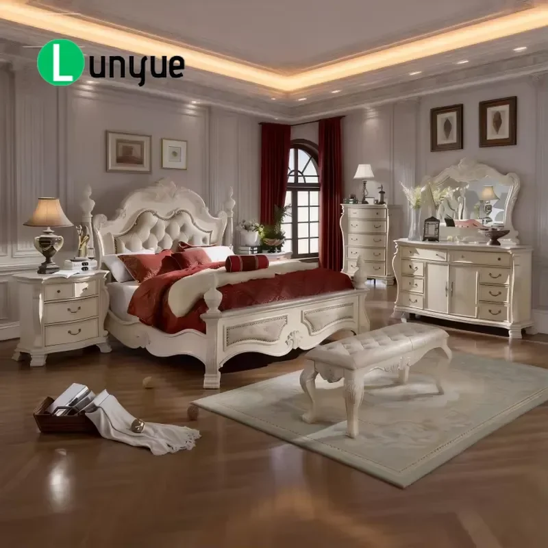 Transitional Bedroom Furniture Set Bone White Queen Size Bed Frame Nightstand Dresser Chest of Drawers Modern Home Decor