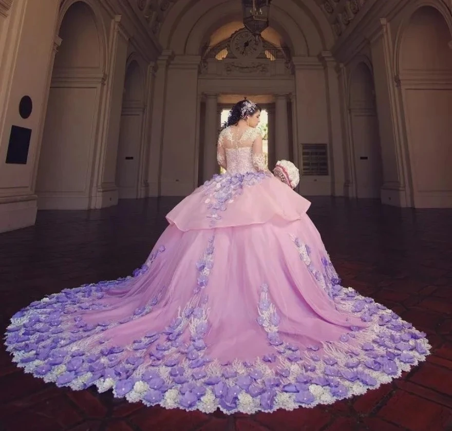 Vestidos Princesa Quinceanera, Vestido de baile, Manga comprida, Pérolas florais, 16 vestidos doces, 15 anos