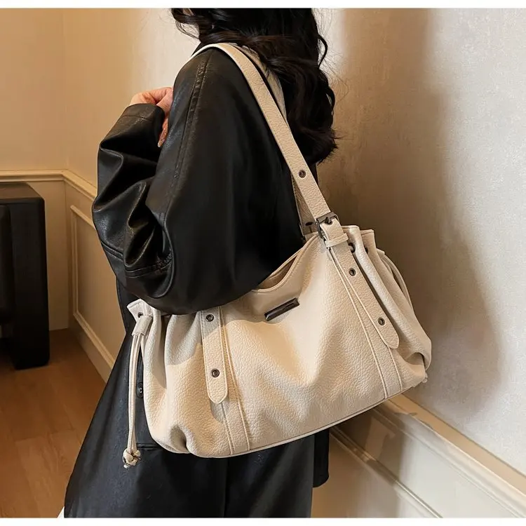 

Soft Leather Shoulder Bag with Drawstring &Textured Detail for Women's Everyday School Office Casual Weekend Errands & Daily Use