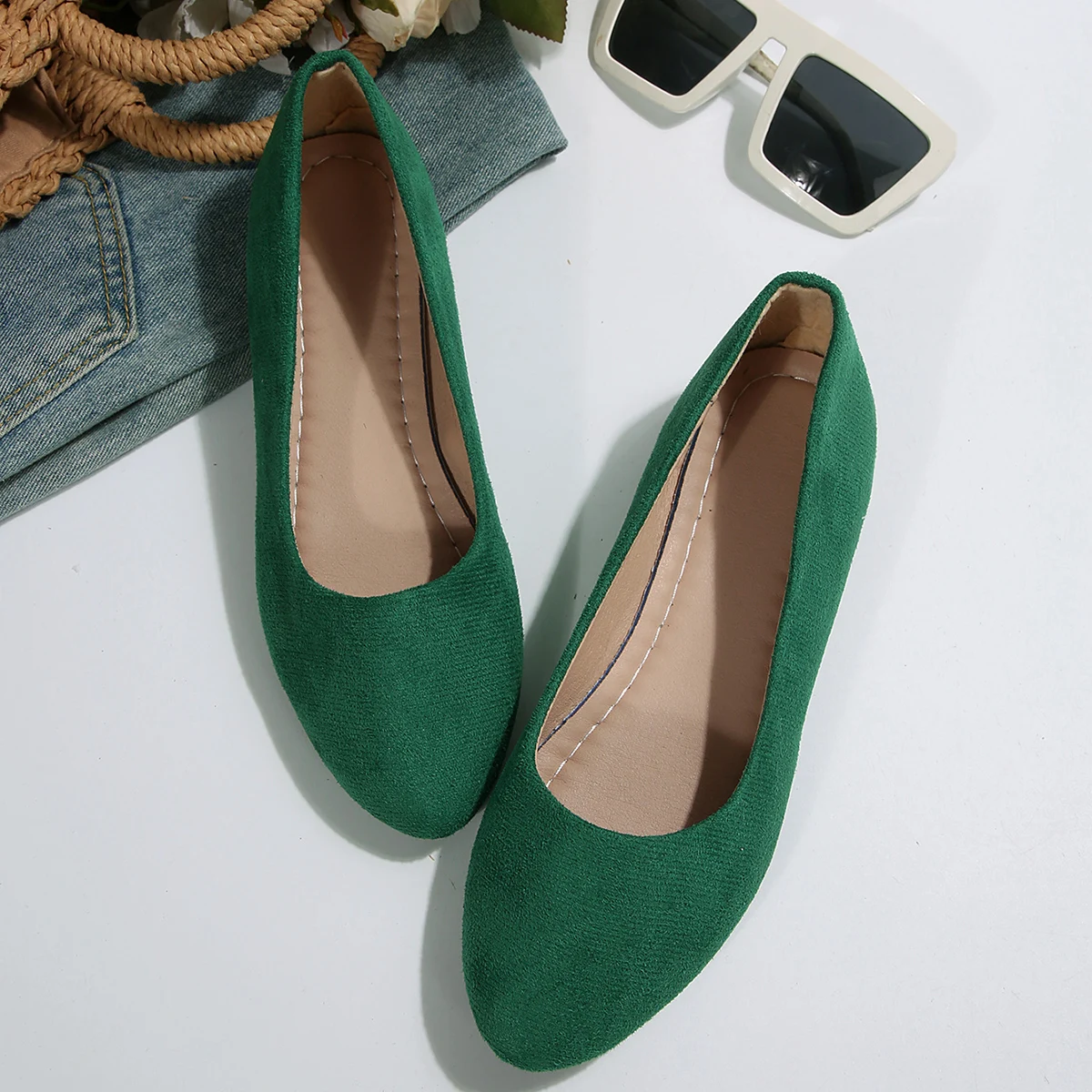 Mode Einfarbig frauen Keil Schuhe Bequeme Spitz Slip auf Low Heels Grün Zapatos De Mujer Größe 42 – Detail 6