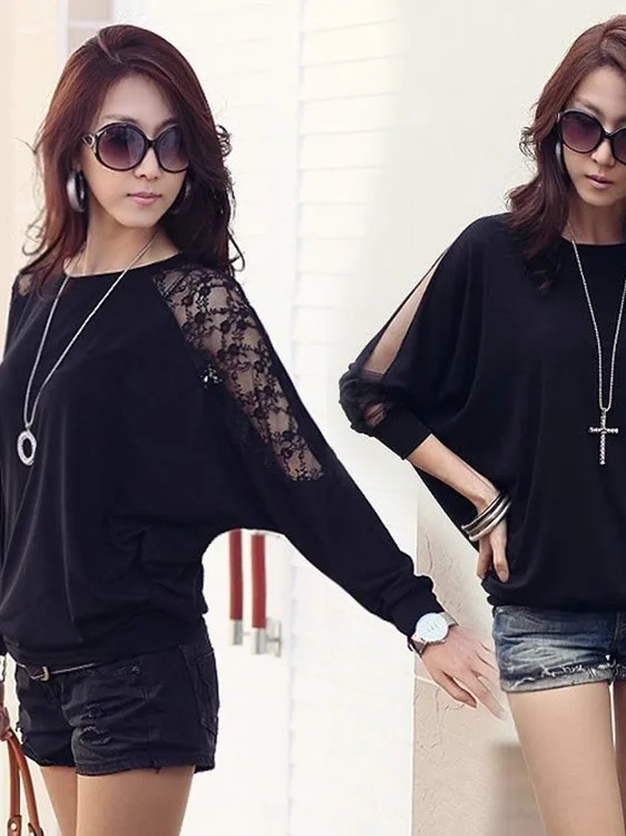 

Кружевная футболка большого размера Long Sve round Ne, женская универсальная футболка Me Base irt, весна-осень, повседневная свободная посадка из полиэстера...