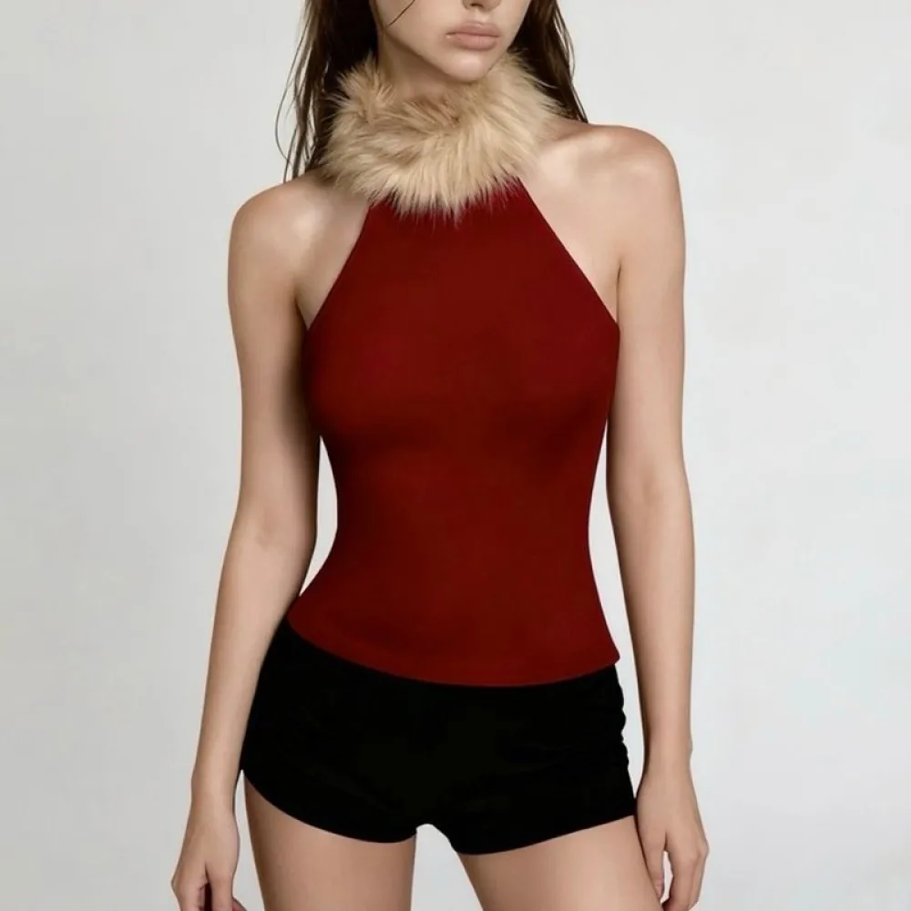 SylCue Sexy Fashion Tank Tops Woman Furry Patchwork Halter Off Shoulder Skinny Stretch Hot Girls High Street Style Classic Tops