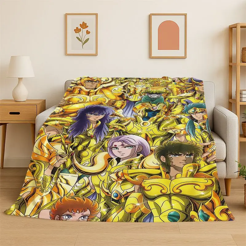 Retro Saint Seiya Anime Cartoon Flannel Blanket Soft Warm Throw Blanket for Bedroom Living Room Bed Travel Camping Picnic Gift