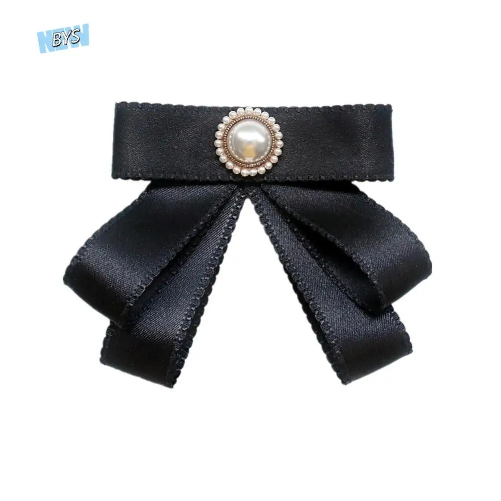 

Sweet Solid Color Black Ribbon Pin Pearl Multi-layer Black Bow Necktie Rhinestones Lolita Ribbon Badge Brooch Men