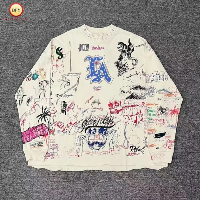 

Saint Cement White Graffiti Art Motorcycle TEE 1:1 High Quality Men's Women's Hip-Hop Long-Sleeved T-Shirt