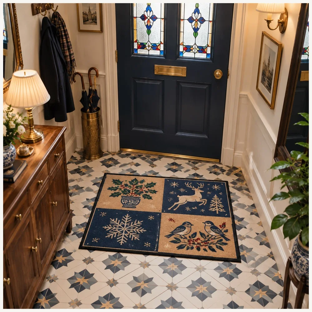VIKAMA British Navy Tan Houndstooth Flannel Door Mat, Soft Flannel Non-Slip Mat, UK Home Decor for Boot Room, Conservatory