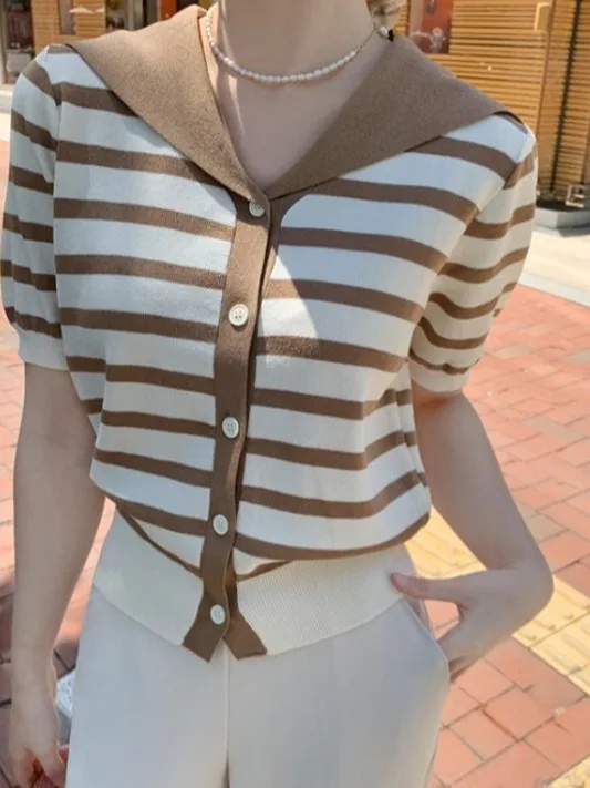 

Slimming Stripe Navy Collar ort Sve Knitted irt Women's Summer New Sle Open Front Ele Personali Top