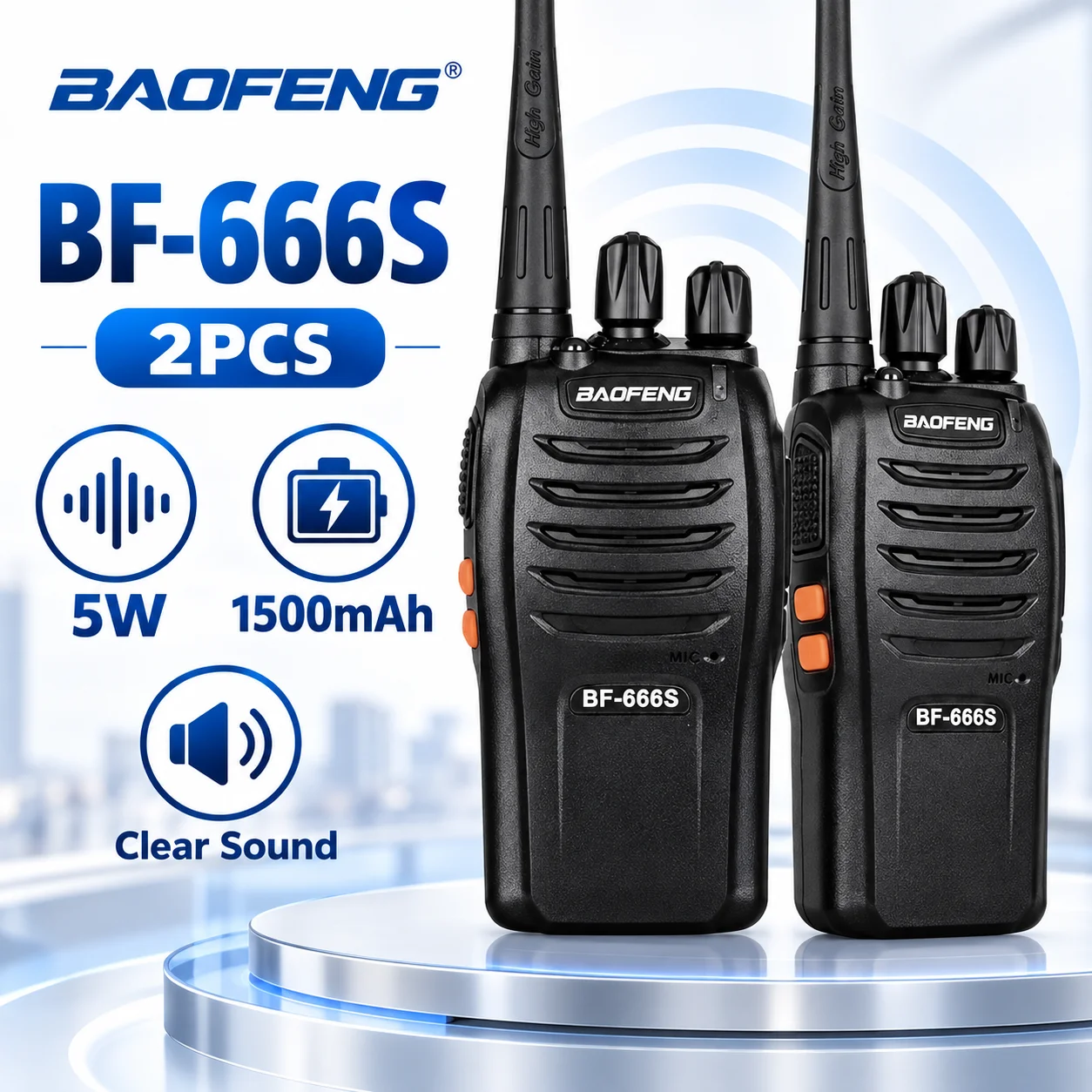 baofeng-bf-666s-uhf双方向無線機-2台セット。16チャンネル、1500mah充電式、携帯型インターコム。セキュリティやキャンプに最適。