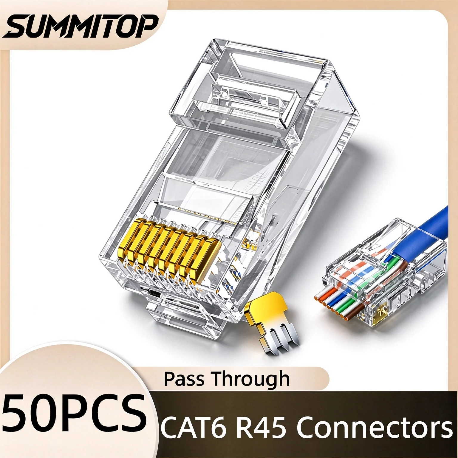 SUMMITOP 50PCS Pass Through RJ45 Cat6 Connectors Crystal End 8P8C Crimp UTP Standard Ethernet Network Modular Plug