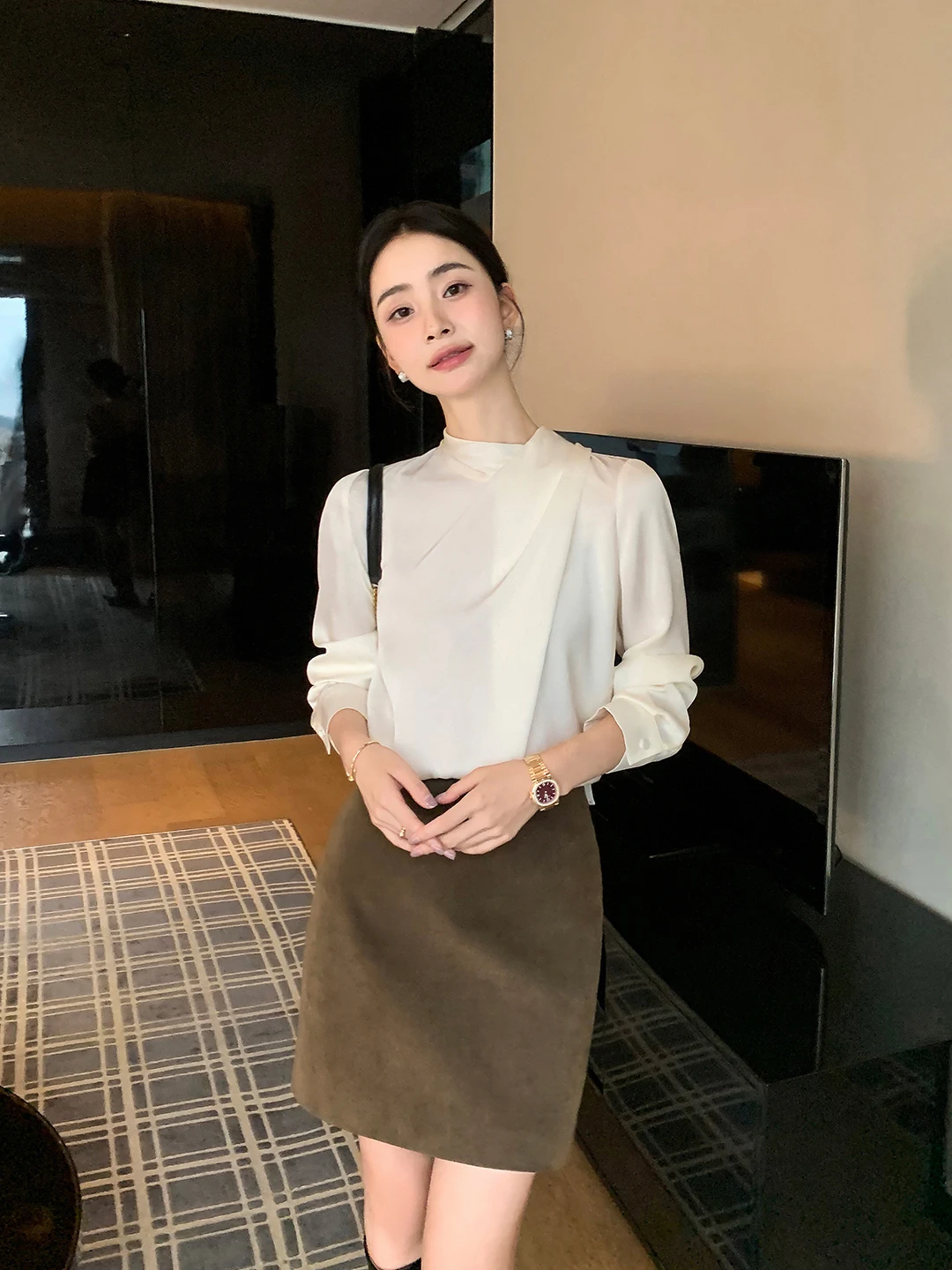 

Ele Vintage Coffee PU Leather A-Line Skirt Women's High-End Suede ort Skirt Casual Sle Girls' Mid-Waist Skirt