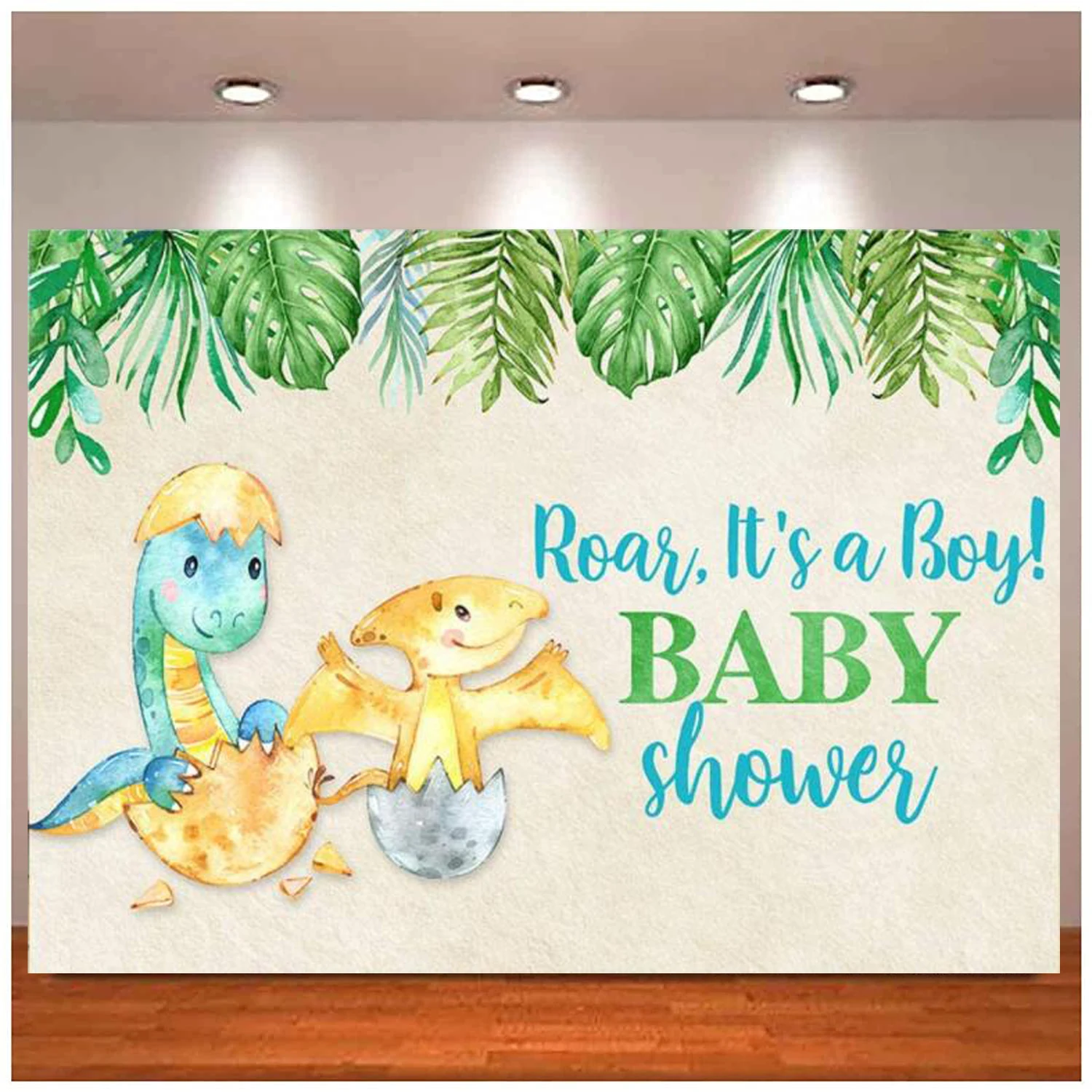 Photography Backdrop Dinosaur Boy Baby Shower Background Safari Jungle Wild Green Leaves Roar It's A Boy Party Decoration Banner